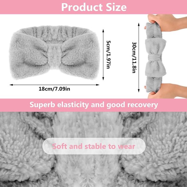 Spa Bowknot Stirnband Damen Spa Haarband Kosmetik, Coral Fleece Makeup Haarbänder Elastic, Cosmetic Stirnband Breitkrempe Korallenvlies Waschen Gesicht Kopfwickel für Dusche Hautpflege Sport(Grau) 2