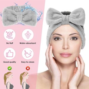 Spa Bowknot Stirnband Damen Spa Haarband Kosmetik, Coral Fleece Makeup Haarbänder Elastic, Cosmetic Stirnband Breitkrempe Korallenvlies Waschen Gesicht Kopfwickel für Dusche Hautpflege Sport(Grau) 10