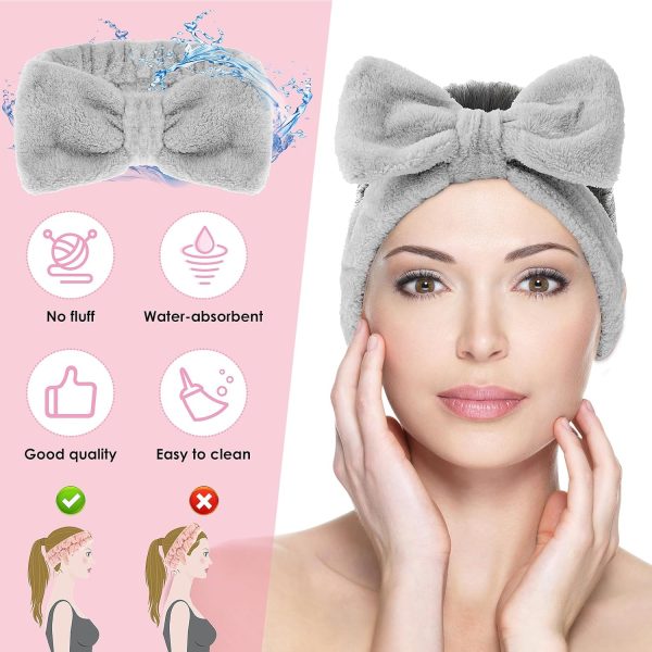 Spa Bowknot Stirnband Damen Spa Haarband Kosmetik, Coral Fleece Makeup Haarbänder Elastic, Cosmetic Stirnband Breitkrempe Korallenvlies Waschen Gesicht Kopfwickel für Dusche Hautpflege Sport(Grau) 3