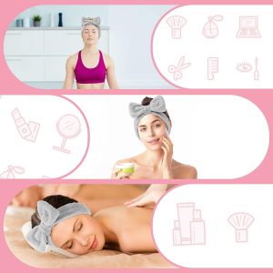 Spa Bowknot Stirnband Damen Spa Haarband Kosmetik, Coral Fleece Makeup Haarbänder Elastic, Cosmetic Stirnband Breitkrempe Korallenvlies Waschen Gesicht Kopfwickel für Dusche Hautpflege Sport(Grau) 12