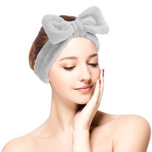 Spa Bowknot Stirnband Damen Spa Haarband Kosmetik, Coral Fleece Makeup Haarbänder Elastic, Cosmetic Stirnband Breitkrempe Korallenvlies Waschen Gesicht Kopfwickel für Dusche Hautpflege Sport(Grau) 18