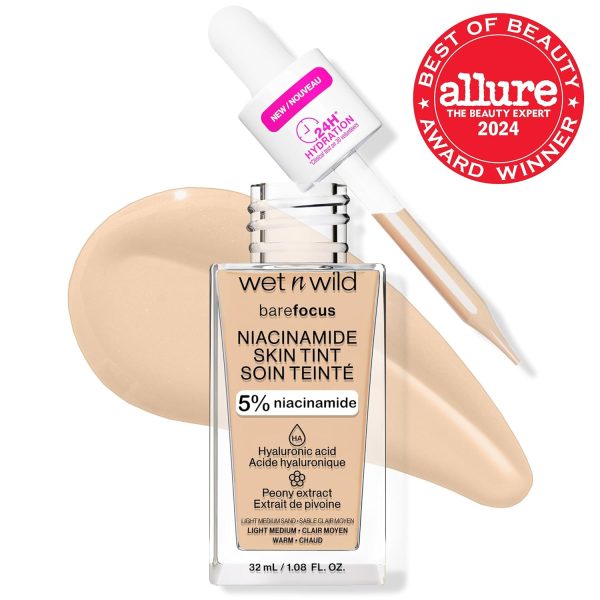 Wet n Wild Bare Focus Niacinamide Skin Tint, Leichte Foundation mit Aufbaubarer Formel, Angereichert mit Hyaluronsäure und Vitamin E für einen Strahlenden Look, Light Medium Sand 2