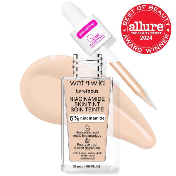 Wet n Wild Bare Focus Niacinamide Skin Tint, Leichte Foundation mit Aufbaubarer Formel, Angereichert mit Hyaluronsäure und Vitamin E für einen Strahlenden Look, Fair Beige 2