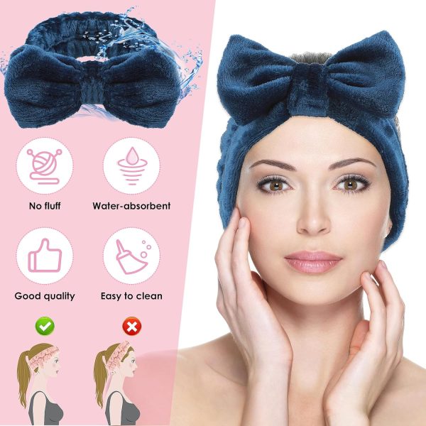 Spa Bowknot Stirnband Damen Spa Haarband Kosmetik, Coral Fleece Makeup Haarbänder Elastic, Cosmetic Stirnband Breitkrempe Korallenvlies Waschen Gesicht Kopfwickel für Dusche Hautpflege Sport(Blau) 2