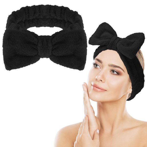 Spa Bowknot Stirnband Damen Spa Haarband Kosmetik, Coral Fleece Makeup Haarbänder Elastic, Cosmetic Stirnband Breitkrempe Korallenvlies Waschen Gesicht Kopfwickel für Dusche Hautpflege Sport(Schwarz) 1