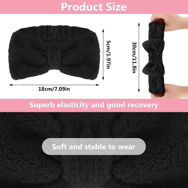 Spa Bowknot Stirnband Damen Spa Haarband Kosmetik, Coral Fleece Makeup Haarbänder Elastic, Cosmetic Stirnband Breitkrempe Korallenvlies Waschen Gesicht Kopfwickel für Dusche Hautpflege Sport(Schwarz) 2