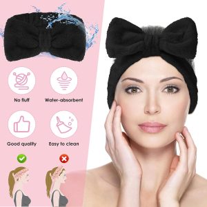 Spa Bowknot Stirnband Damen Spa Haarband Kosmetik, Coral Fleece Makeup Haarbänder Elastic, Cosmetic Stirnband Breitkrempe Korallenvlies Waschen Gesicht Kopfwickel für Dusche Hautpflege Sport(Schwarz) 10