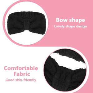 Spa Bowknot Stirnband Damen Spa Haarband Kosmetik, Coral Fleece Makeup Haarbänder Elastic, Cosmetic Stirnband Breitkrempe Korallenvlies Waschen Gesicht Kopfwickel für Dusche Hautpflege Sport(Schwarz) 16