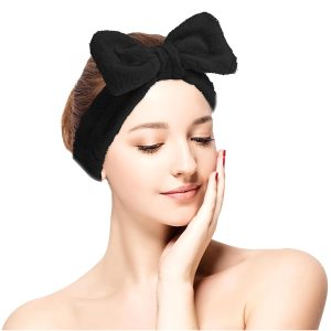 Spa Bowknot Stirnband Damen Spa Haarband Kosmetik, Coral Fleece Makeup Haarbänder Elastic, Cosmetic Stirnband Breitkrempe Korallenvlies Waschen Gesicht Kopfwickel für Dusche Hautpflege Sport(Schwarz) 18