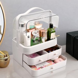 Azonelife Make Up Organizer Aufbewahrung für Kosmetik, Kosmetikbox Aufbewahrungsbox mit Deckel Tragegriff 180°Drehbar Tragbare Kosmetikvitrinen mit Schubladen für Dresser Bad Schlafzimmer Weiß 16