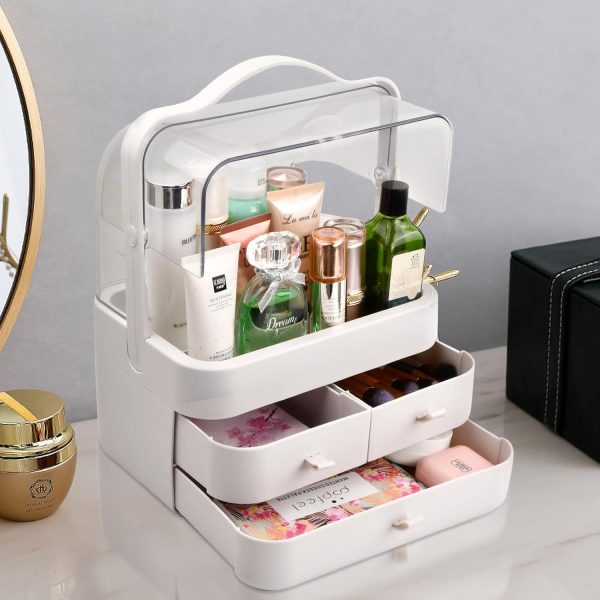 Azonelife Make Up Organizer Aufbewahrung für Kosmetik, Kosmetikbox Aufbewahrungsbox mit Deckel Tragegriff 180°Drehbar Tragbare Kosmetikvitrinen mit Schubladen für Dresser Bad Schlafzimmer Weiß 6