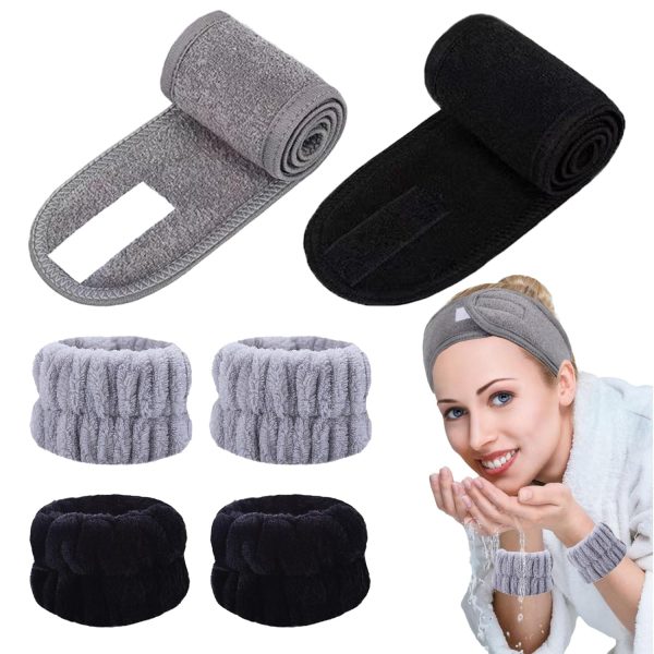 KEYRI 6 Stück Haarband Kosmetik Handgelenk Waschbänder Set, Kosmetik Stirnband Frottee Spa Stirnband Haarschutzband mit Klettverschluss Haarband für Damen Make Up Sport Yoga Dusche(Schwarz+Grau) 1