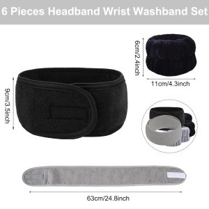 KEYRI 6 Stück Haarband Kosmetik Handgelenk Waschbänder Set, Kosmetik Stirnband Frottee Spa Stirnband Haarschutzband mit Klettverschluss Haarband für Damen Make Up Sport Yoga Dusche(Schwarz+Grau) 8