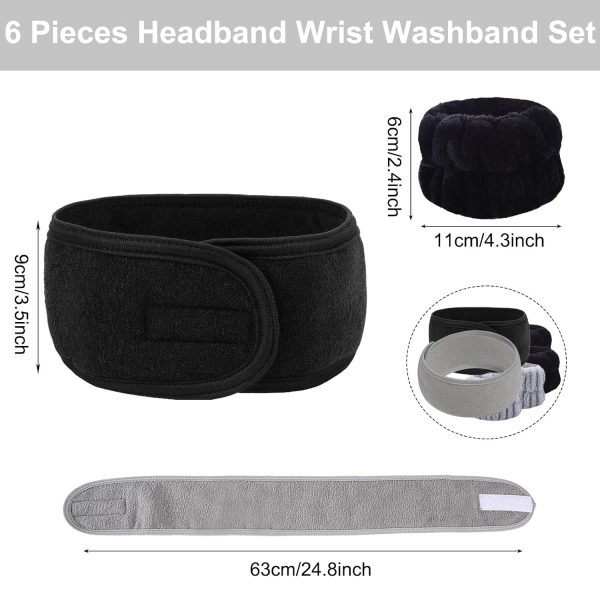 KEYRI 6 Stück Haarband Kosmetik Handgelenk Waschbänder Set, Kosmetik Stirnband Frottee Spa Stirnband Haarschutzband mit Klettverschluss Haarband für Damen Make Up Sport Yoga Dusche(Schwarz+Grau) 2