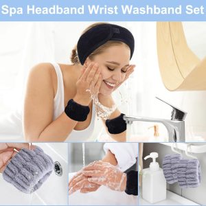 KEYRI 6 Stück Haarband Kosmetik Handgelenk Waschbänder Set, Kosmetik Stirnband Frottee Spa Stirnband Haarschutzband mit Klettverschluss Haarband für Damen Make Up Sport Yoga Dusche(Schwarz+Grau) 12