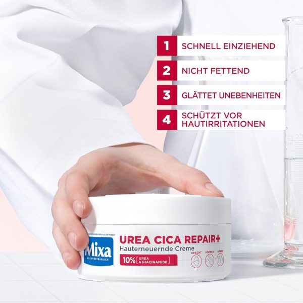 Mixa Hochkonzentrierte Feuchtigkeitspflege für Gesicht, Körper und Hände, Bei trockener und rissiger Haut, Mit Urea und Niacinamiden, Urea Cica Repair+, 150 ml 2