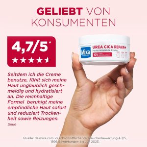 Mixa Hochkonzentrierte Feuchtigkeitspflege für Gesicht, Körper und Hände, Bei trockener und rissiger Haut, Mit Urea und Niacinamiden, Urea Cica Repair+, 150 ml 17