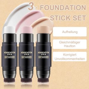 EONFAVE 3 Stück Foundation Make Up Stick, Doppelköpfig Abdeckung Und Highlight Primer Makeup Mit Bürste, Weiche Übergänge Foundation Stift Für Makelloses Gesichts-Make-Up, Gleichmäßiger Hautton 10