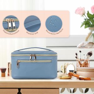 TAN.TOMI Kosmetiktasche Damen Kosmetikkoffer Schminktasche Schminkkoffer Damen mit Griff und Teiler Tragbare Kosmetik Organizer Tasche für Geeignet für Reisen Weggehen,Grau-Blau 17