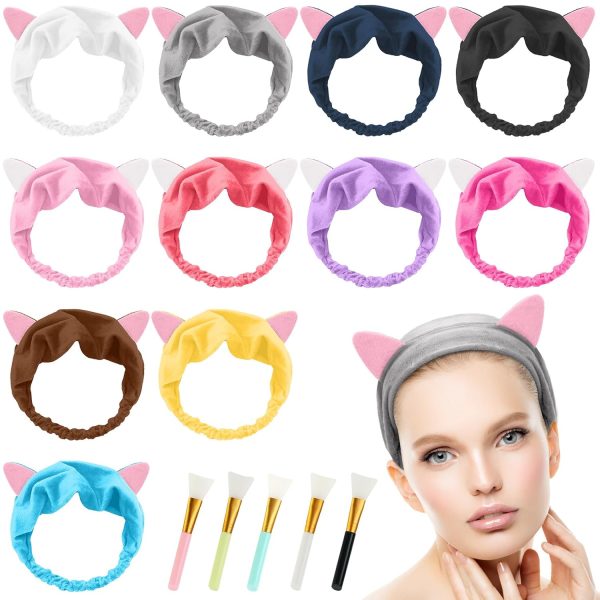 Scetter 11 Stück Makeup Haarband und 5 Stück Kosmetik Pinsel,Katze Ohren Stirnband mit Silikonpinsel Set,Frauen Coral Fleece Elastisches Haarbänder,Skincare Headband für Gesichtsmaske 1