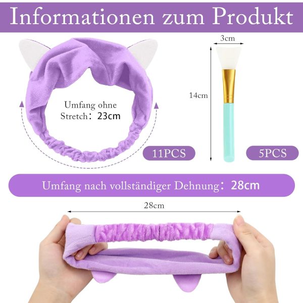 Scetter 11 Stück Makeup Haarband und 5 Stück Kosmetik Pinsel,Katze Ohren Stirnband mit Silikonpinsel Set,Frauen Coral Fleece Elastisches Haarbänder,Skincare Headband für Gesichtsmaske 2