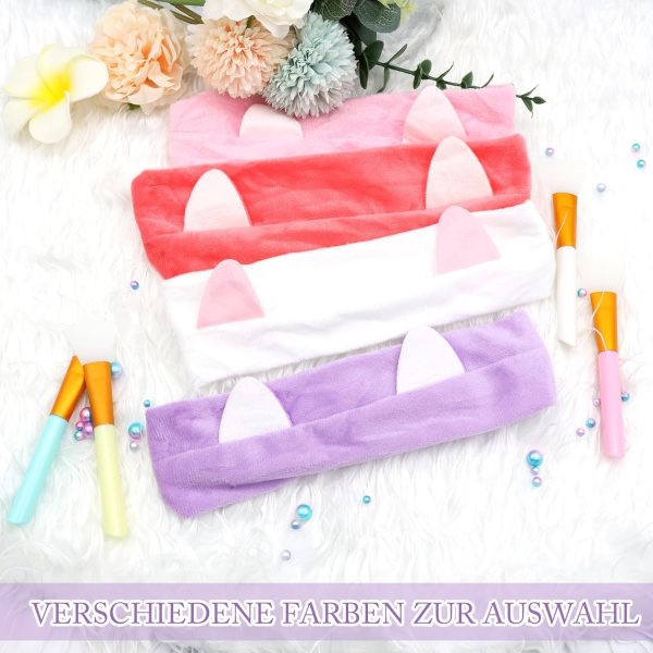 Scetter 11 Stück Makeup Haarband und 5 Stück Kosmetik Pinsel,Katze Ohren Stirnband mit Silikonpinsel Set,Frauen Coral Fleece Elastisches Haarbänder,Skincare Headband für Gesichtsmaske 7