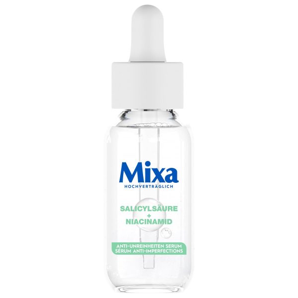 Mixa Anti-Unreinheiten Serum, Für zu Akne neigende und sensible Haut, Mit Salicylsäure, Squalan und Niacinamid, Geeignet für Gesicht & Hals, Hypoallergen, 30 ml 1