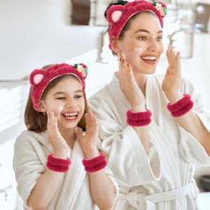 KSJEHW 3 Stück Spa Gesicht Stirnband Handgelenk Waschbänder Set Weiches Makeup Haarband Elastisch Handgelenk Schweißband Flauschiges Kosmetik Stirnband für Damen Mädchen (Rosa, Bärenohren) 11