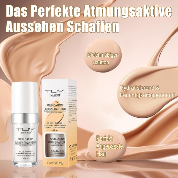 Foundation Color Changing, SPF 15 Ganztägige Flawless Concealer Foundation Make-up, Beathable & Light Liquid Foundation Make-up,Waterproof White Foundation,Farbwechselnde Foundation für Alle Hauttöne 3