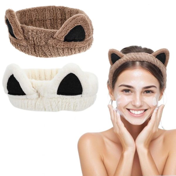 2 Stück Haarband Kosmetik,Niedliches Katzenohren Haarbänder,Korallen Fleece Haarband Schminken,Weiches Cosmetic Stirnband,Elastisches Spa Stirnband Damen für Dusche Hautpflege Sport(Curry + Beige) 1