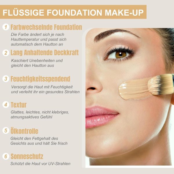 Farbwechselnde Foundation, SPF 15 Feuchtigkeitsspendend Ölkontrollierend Flüssig Foundation Lang Anhaltend Concealer Make Up, Gleichmäßiger Hautton, Leicht Und Atmungsaktiv, Den Ganzen Tag Makellos 2